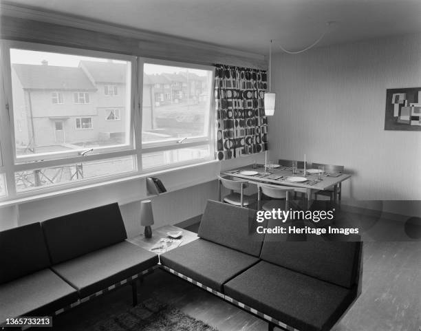 Darnhill, Heywood, Rochdale, . The living and dining room in the 'Sectra' show flat at Heywood. This Sectra show flat was on the first floor of a...