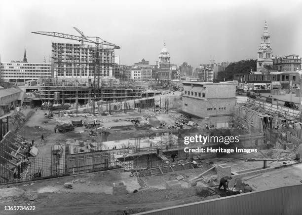Paternoster Square, City of London, . Looking west over the Paternoster development during its construction, showing the Old Bailey in the background...