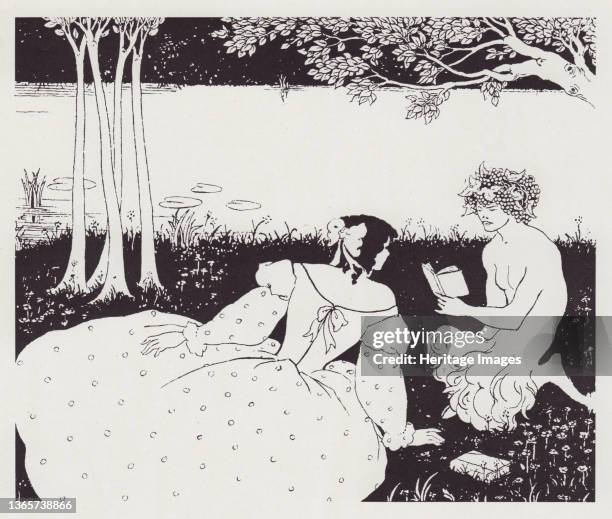 Cover Design for Yellow Book Prospectus for Vol V, 1895. A faun or satyr, possibly Bacchus?, reads from a book to a woman on a riverbank. Published...
