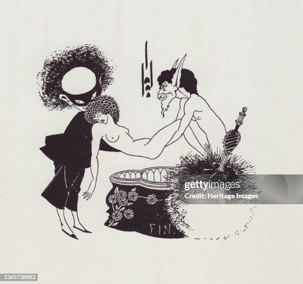 Tailpiece, 1893. Alternate title: The Burial of Salome. A Pierrot-like figure and a satyr lower the naked body of Salome into a coffin in the shape...