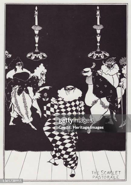 The Scarlet Pastorale, 1894. A masked ball, with a man dressed as Harlequin in the foreground, 'First published in The Sketch for 10 April 1895'....