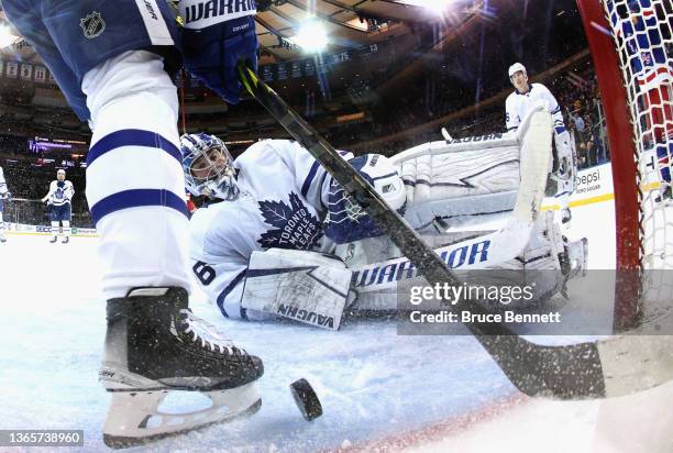 Jack Campbell of the Toronto Maple Leafs gives up a third period goal to Chris Kreider of the New York Rangers at Madison Square Garden on January...