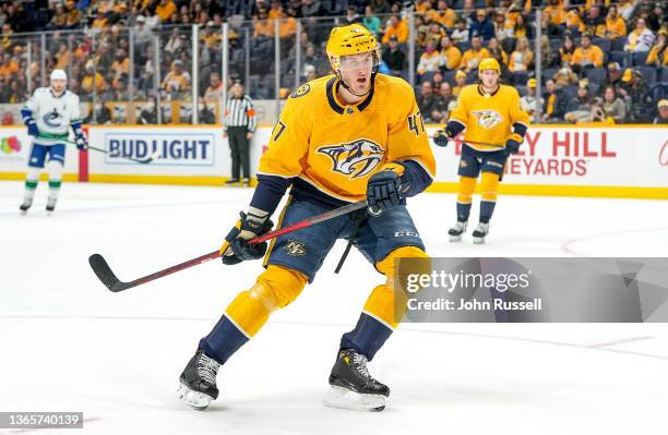 Michael McCarron of the Nashville Predators skates against the Vancouver Canucks during an NHL game at Bridgestone Arena on January 18, 2022 in...