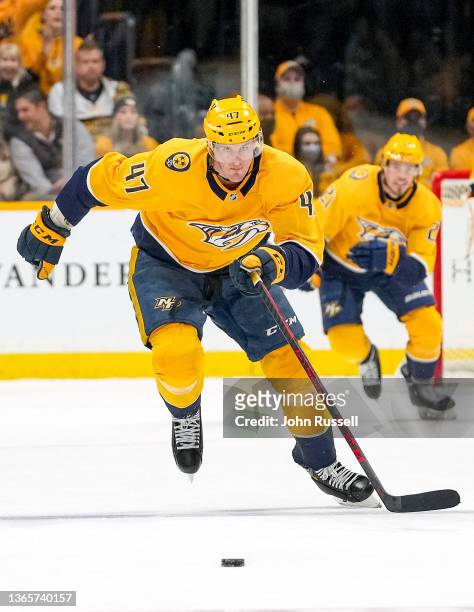 Michael McCarron of the Nashville Predators skates against the Vancouver Canucks during an NHL game at Bridgestone Arena on January 18, 2022 in...