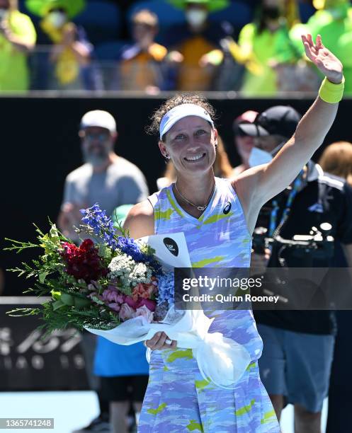 Samantha Stosur of Australia acknowledges the crowd after playing her last career singles match against Anastasia Pavlyuchenkova of Russia during day...