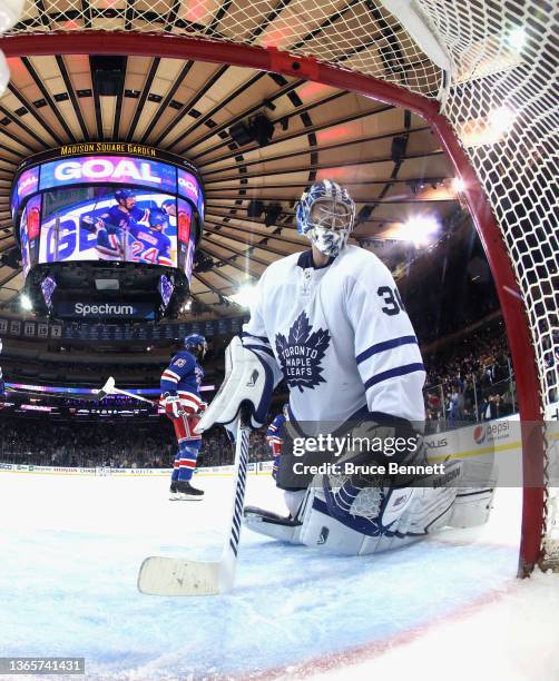 Jack Campbell of the Toronto Maple Leafs gives up a third period goal to Chris Kreider of the New York Rangers at Madison Square Garden on January...