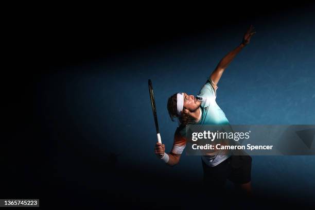 Stefanos Tsitsipas of Greece serves in his second round singles match against Sebastian Baez of Argentina during day four of the 2022 Australian Open...