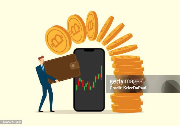 businessman holding wallet, cryptocurrency trading and investment digital technology - bitcoin phone stock illustrations