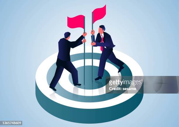 two businessmen put their flags in the bullseye to complete the goal and compete together. - positioned stock illustrations