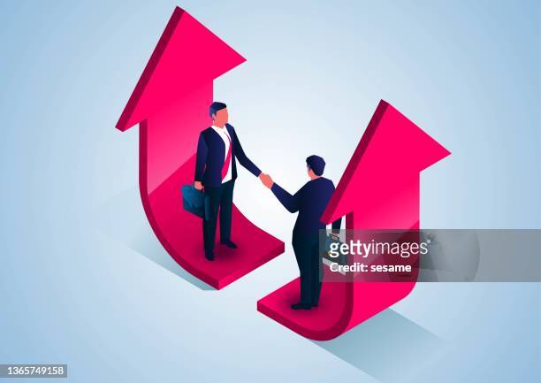 two businessmen shaking hands while standing on the rising arrow, business cooperation grow together. - stock trader stock illustrations