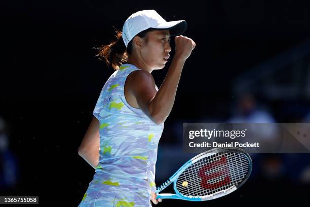 Shuai Zhang of China celebrates after winning a point in her second round singles match against Elena Rybakina of Kazakhstan during day four of the...