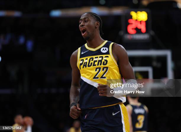 Caris LeVert of the Indiana Pacers celebrates a three pointer during a 111-104 Pacers win over the Los Angeles Lakers at Crypto.com Arena on January...