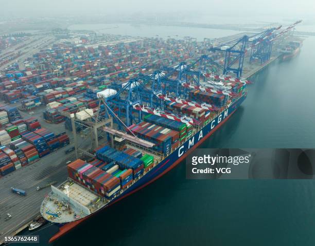 Aerial view of containers and cargo ships at the Port of Los Angeles on January 19, 2022 in San Pedro, California.