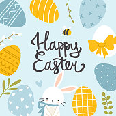 Easter bunny and painted eggs frame of calligraphy text. Happy easter invitation template.