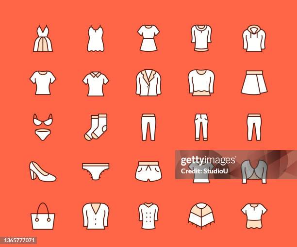 illustrazioni stock, clip art, cartoni animati e icone di tendenza di icone della linea multicolore per l'abbigliamento femminile - vestito a camicia