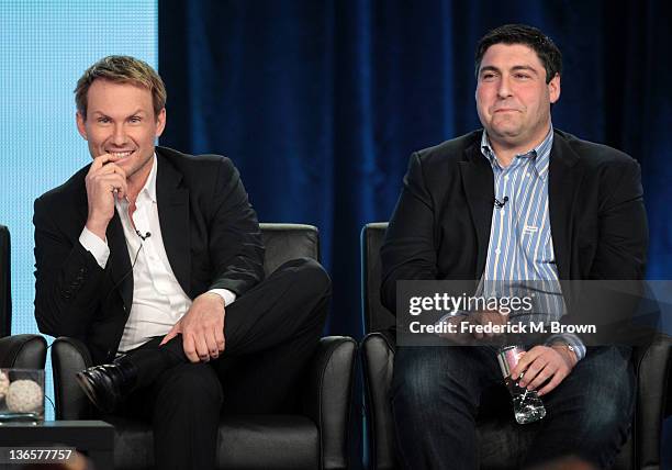 Actor Christian Slater and executive producer Adam F. Goldberg speak onstage during the spring comedy panel during the FOX Broadcasting Company...