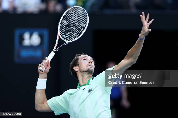 Daniil Medvedev of Russia serves in his second round singles match against Nick Kyrgios of Australia during day four of the 2022 Australian Open at...