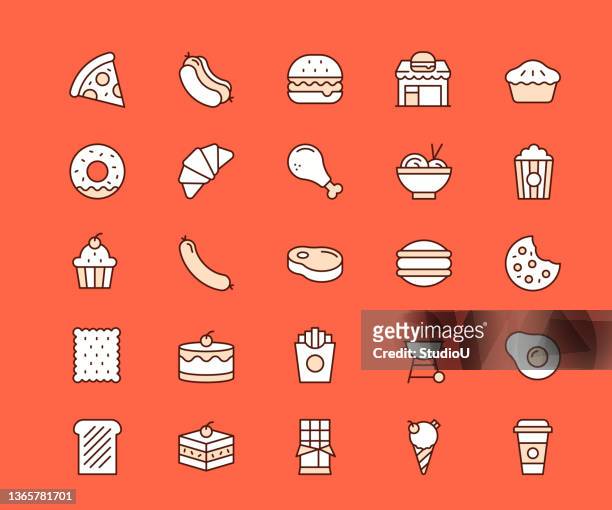 illustrazioni stock, clip art, cartoni animati e icone di tendenza di icone della linea multicolore del fast food - bbq avocado