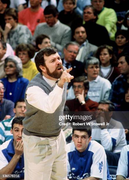 Seton Hall coach P J Carlesimo gestures at referee during a game against the University of Connecticut, Hartford CT 1988.