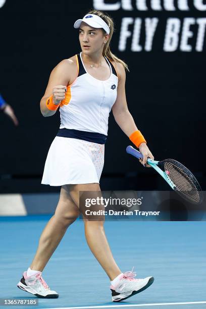 Danka Kovinic of Montenegro celebrates winning set point in her second round singles match against Emma Raducanu of Great Britain during day four of...