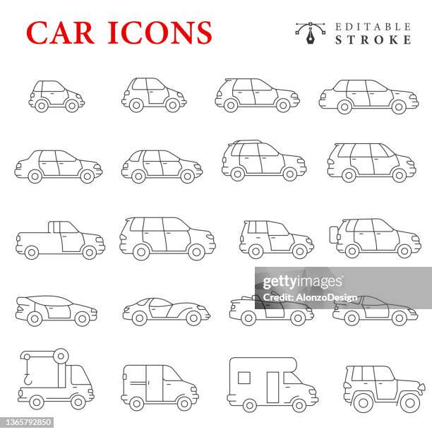 car line icon set. editable stroke. - sports car icon stock illustrations