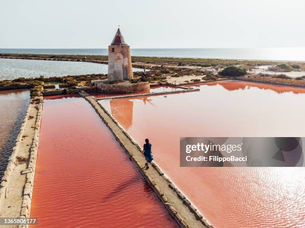 aerial view of a woman walking in pink salt flats in sicily, italy - marsala stock pictures, royalty-free photos & images