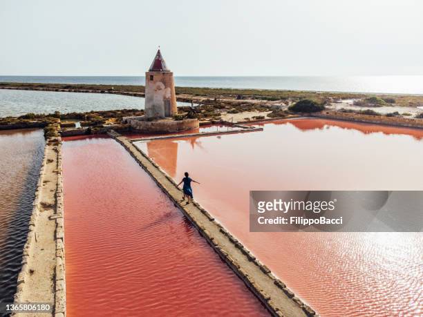 luftaufnahme einer frau, die in rosa salzwüsten in sizilien, italien, spazieren geht - marsala sicily stock-fotos und bilder