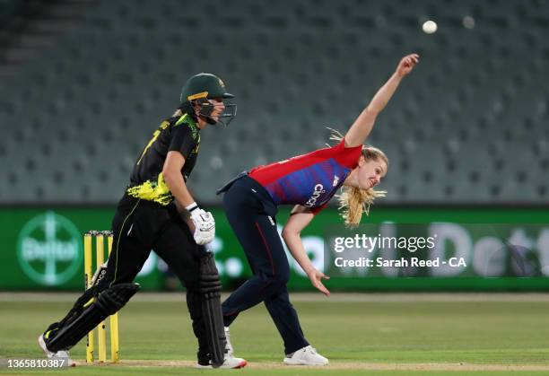 Freya Davies of England and Meg Lanning of Australia during the First T20 International Match in the Ashes Series between Australia and England at...