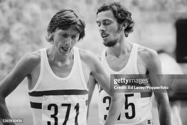 English athletes David Moorcroft and Steve Ovett of the Great Britain team after finishing in 3rd and 6th place respectively in semifinal 1 of the...