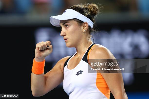 Danka Kovinic of Montenegro celebrates winning a point in her second round singles match against Emma Raducanu of Great Britain during day four of...