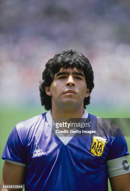 Argentina captain Diego Maradona pictured before the FIFA 1986 World Cup Quarter Final match between Argentina and England at Azteca Stadium in...