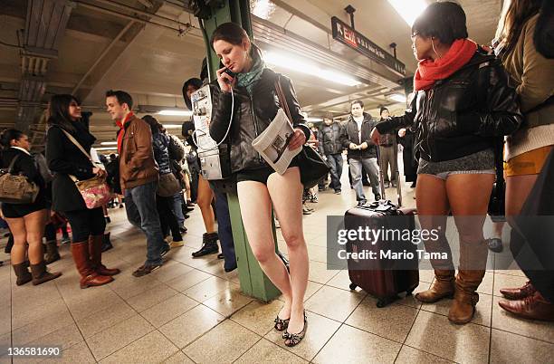 Participants gather in the Union Square subway station during the annual No Pants Subway Ride on January 8, 2012 in New York City. The annual event...