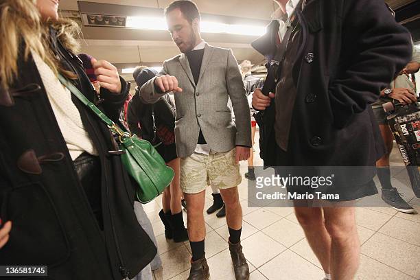 Participants gather in the Union Square subway station during the annual No Pants Subway Ride on January 8, 2012 in New York City. The annual event...