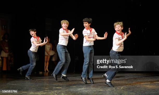 Joseph Harrington, Peter Mazurowski, Julian Elia and Tade Biesinger attend the "Billy Elliot" on Broadway final performance at the Imperial Theatre...