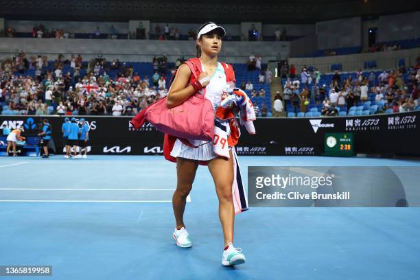 Emma Raducanu of Great Britain walks off court after losing her second round singles match against Danka Kovinic of Montenegro during day four of the...