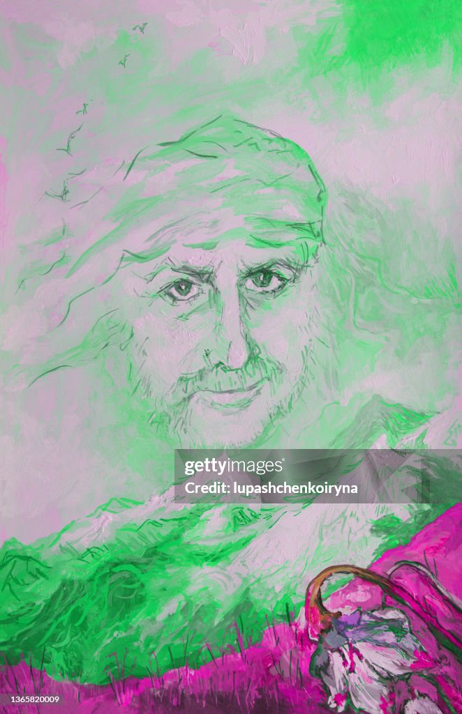 Illustration oil painting portrait of a man painted in the form of wind and clouds in the blue sky against a mountain landscape in spring with a field of flowers and snow-capped mountains in the distance