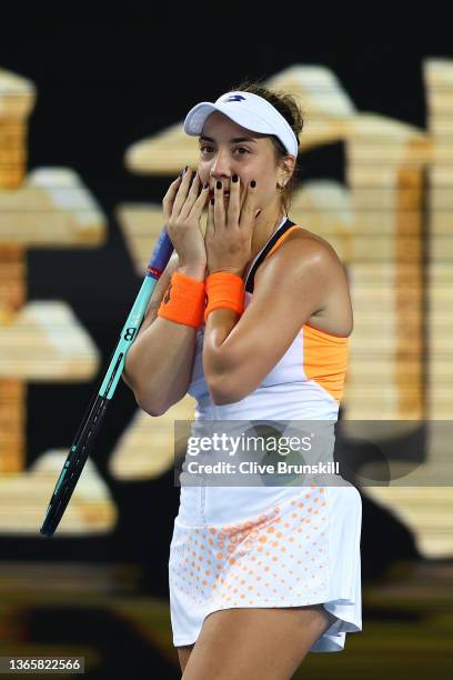 Danka Kovinic of Montenegro celebrates winning match point in her second round singles match against Emma Raducanu of Great Britain during day four...
