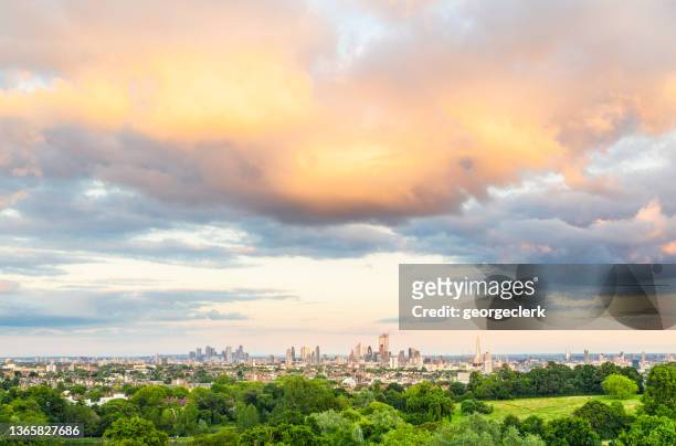 panoramic view of london's skyline at sunset - hampstead london stock pictures, royalty-free photos & images
