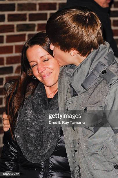 Singer Justin Bieber and mother Pattie Mallette visit the "Late Show With David Letterman" taping at the Ed Sullivan Theater on January 31, 2011 in...