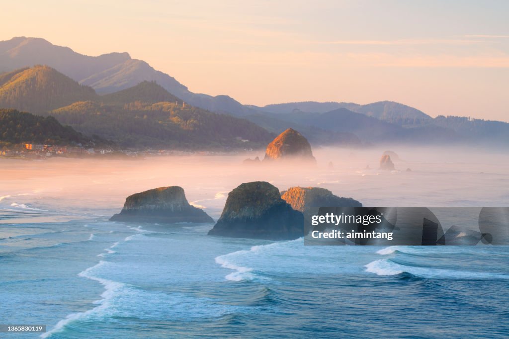 Sea stacks at Cannon Beach at Sunrise