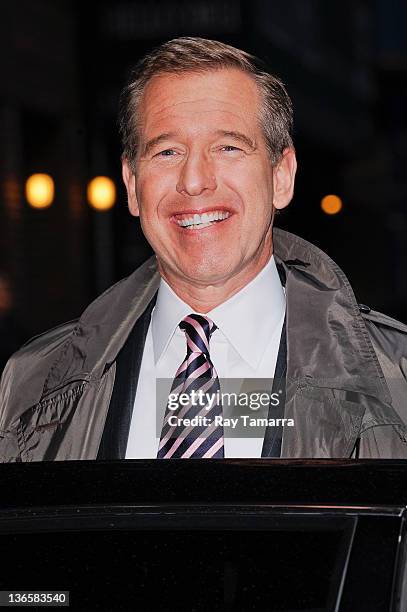 News anchor Brian Williams leaves the "Late Show With David Letterman" taping at the Ed Sullivan Theater on February 28, 2011 in New York City.