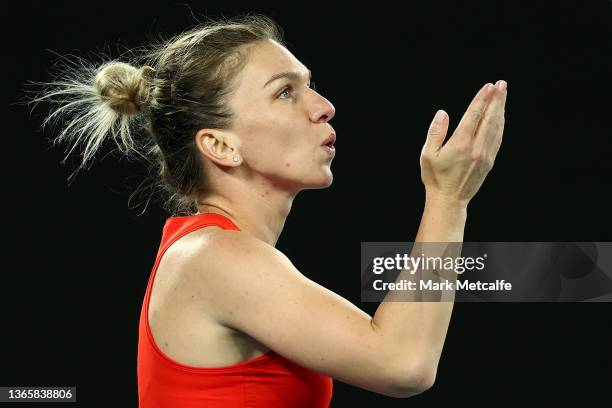 Simona Halep of Romania blows a kiss after winning her second round singles match against Beatriz Haddad Maia of Brazil during day four of the 2022...