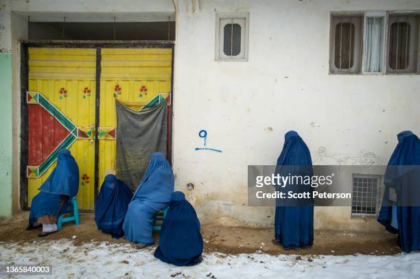 Afghan women in burqas line up, as the UN World Food Program distributes a critical monthly food ration, with food largely supplied by the US Agency...