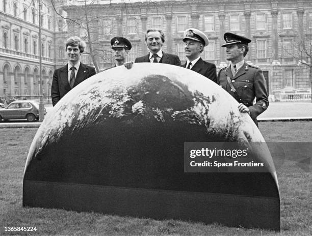 British politician Michael Heseltine with four candidates to be the first Briton in space, Christopher Holmes of the Ministry of Defence, Royal Air...