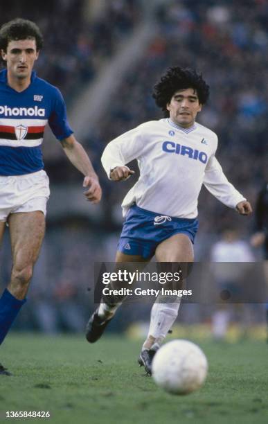 Diego Maradona in action during a Serie A match between Sampdoria and Napoli circa 1984 in Genoa, Italy.