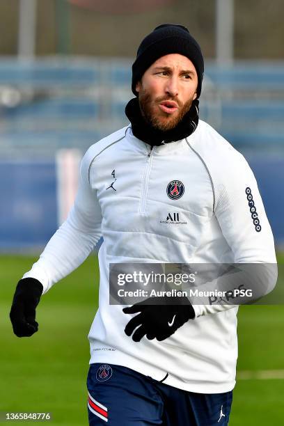 Sergio Ramos warms up during a Paris Saint-Germain training session at Ooredoo Center on January 20, 2022 in Paris, France.