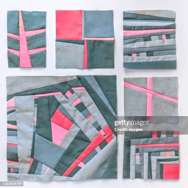 gray and pink patchwork improv quilt stripes textile block pink gray fabric background - patchwork stock pictures, royalty-free photos & images