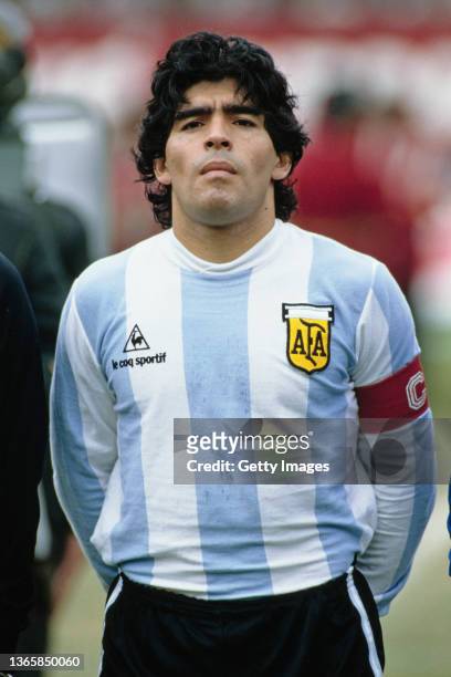 Argentina player Diego Maradona looks on before a 1986 FIFA World Cup qualifying match against Peru at the National Stadium on June 23, 1985 in Lima,...