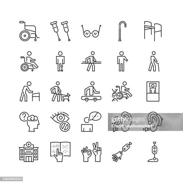 ilustraciones, imágenes clip art, dibujos animados e iconos de stock de conjunto de iconos de línea de tipos de discapacidad. trazo editable - discapacidad