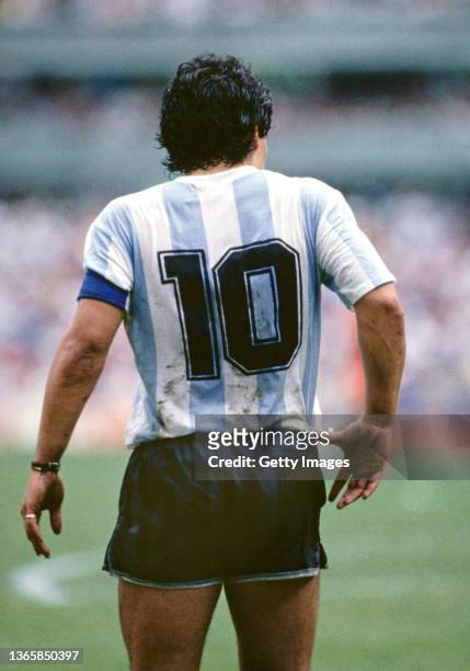 The number 10 on the back of the shirt of Diego Maradona is seen during the 1986 FIFA World Cup semi-final between Argentina and Belguim at the...